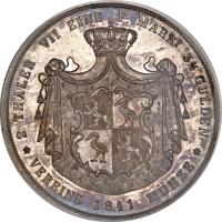 reverse of 2 Thaler / 3 1/2 Gulden - Heinrich XX (1841 - 1851) coin with KM# 105 from German States. Inscription: 2 THALER VII EINE F. MARK 3 1/2 GULDEN VEREINS 1841 MUNZE *