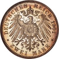 reverse of 2 Mark - Heinrich XXII (1899 - 1901) coin with KM# 128 from German States. Inscription: DEUTSCHES REICH 1901 * ZWEI MARK *