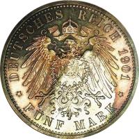 reverse of 5 Mark - Ernst I (1901) coin with KM# 38 from German States. Inscription: DEUTSCHES REICH 1901 * 5 MARK *