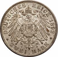 reverse of 2 Mark - Karl Alexander (1892) coin with KM# 212 from German States. Inscription: DEUTSCHES REICH 1892 * ZWEI MARK *