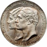 obverse of 5 Mark - Wilhelm Ernst - Duke's Marriage (1903) coin with KM# 218 from German States. Inscription: WILHELM ERNST - CAROLINE GROSHERZOG U. GROSHERZOGIN V. SACHSEN A · 30 IV ·