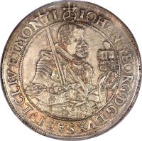 obverse of 1 Thaler - Johann Georg I (1620 - 1638) coin with KM# 132 from German States. Inscription: IOHAN. GEORG. D. G. DVX SAX. IVL. CLIV. ET. MONTI.