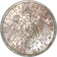 reverse of 3 Mark - Albrecht Georg (1911) coin with KM# 55 from German States. Inscription: DEUTSCHES REICH 1911 DREI MARK