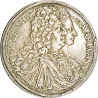 obverse of 1 Thaler - Ferdinand Wilhelm Eusebius & Maria Anna (1696) coin with KM# 16 from German States. Inscription: FERDINAND ET MARIA ANNA