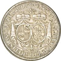 reverse of 1 Thaler - Ferdinand Wilhelm Eusebius & Maria Anna (1696) coin with KM# 16 from German States. Inscription: PRINCEPS · Â · SCHWARTZENBERG · HÆRES · LANDGRAVIA IN SULZ 1696 MM