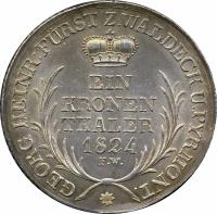 reverse of 1 Thaler - Georg Friedrich Heinrich (1824) coin with KM# 133 from German States. Inscription: GEORG HEINR:FÜRST Z.WALDECK U.PYRMONT. EIN KRONEN THALER 1824 F.W.