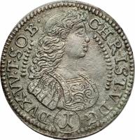 obverse of 1 Kreuzer - Christian Ulrich (1679 - 1685) coin with KM# 36 from German States. Inscription: CHRI(ST). (V)(U)(L)(R). D.G. D(U)(V)X - W. (T.)(I.) S. O. (&) B.