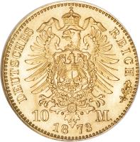 reverse of 10 Mark - Karl I (1872 - 1873) coin with KM# 621 from German States. Inscription: DEUTSCHES REICH 10 M. 18 73