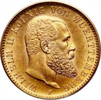 obverse of 20 Mark - Wilhelm II (1894 - 1914) coin with KM# 634 from German States. Inscription: WILHELM II KOENIG VON WUERTTEMBERG