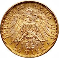 reverse of 20 Mark - Wilhelm II (1894 - 1914) coin with KM# 634 from German States. Inscription: DEUTSCHES REICH 1905 20 MARK