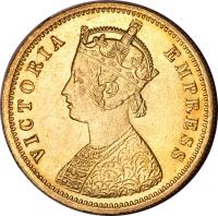 obverse of 1 Mohur - Victoria (1877 - 1891) coin with KM# 496 from India.