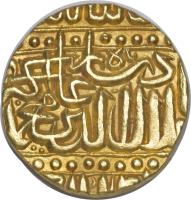 reverse of 1 Mohur - Abu'l-Fath Jalal ud-din Muhammad Akbar - Ahmadabad (1575 - 1579) coin with KM# 108.2 from India.