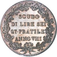 reverse of 1 Scudo (1799) coin with KM# 2 from Italian States. Inscription: SCUDO DI LIRE SEI 27 · PRATILE ANNO VIII