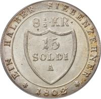 reverse of 15 Soldi / 8 1/2 Kreuzer - Franz II (1802) coin with KM# 48 from Italian States. Inscription: 15 SOLDI