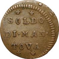 reverse of 1 Soldo - Charles IV (1731 - 1736) coin with KM# 248 from Italian States. Inscription: SOLDO DI.MAN. TOVA