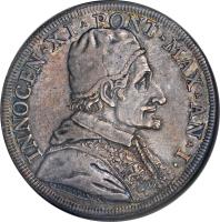 obverse of 1 Piastra - Innocent XI (1676) coin with KM# 393 from Italian States.