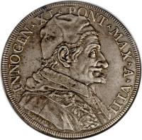 obverse of 1 Piastra - Innocent XI (1684) coin with KM# 451 from Italian States. Inscription: INNOCEN XI PONT MAX A VIII