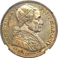 obverse of 50 Baiocchi - Gregory XVI - San Romualdo (1832 - 1834) coin with KM# 1316 from Italian States. Inscription: GREGORIVS.XVI / PONT.MAX.A.IV // 1834 N. CERRARA