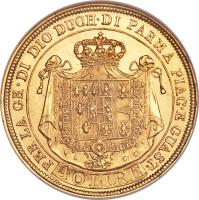 reverse of 40 Lire - Maria Luigia (1815 - 1821) coin with C# 32 from Italian States. Inscription: PER LA GR. DI DIO DUCH. DI PARMA PIAC. E GUAST. 40.LIRE