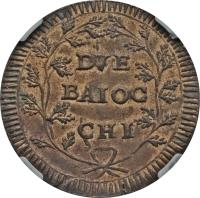 reverse of 2 Baiocchi (1798) coin with KM# 6 from Italian States. Inscription: DVE BAIOC CHI