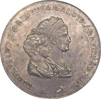 obverse of 10 Lire - Charles Louis (1803 - 1807) coin with C# 49 from Italian States. Inscription: CAROLUS LVD · D · G REX ETR · ET M · ALOYSIA R · RECTRIX I · I · H · H ·