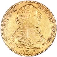 obverse of 8 Escudos - Carlos III (1777 - 1788) coin with KM# 156a from Mexico. Inscription: CAROL · III