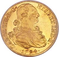 obverse of 8 Escudos - Carlos IV (1791 - 1808) coin with KM# 159 from Mexico. Inscription: CAROL · IIII