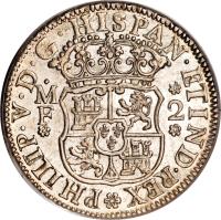 obverse of 2 Reales - Felipe V (1732 - 1741) coin with KM# 84 from Mexico.