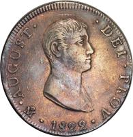 obverse of 8 Reales - Agustin I Iturbide (1822) coin with KM# 304 from Mexico. Inscription: · AUGUST · 	 · DEI · PROV · Mo · 1822 ·