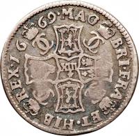 reverse of 1 Merk - Charles II (1664 - 1674) coin with SP# 5611 from Scotland. Inscription: MAG	BRI · FRA	ET · HIB	REX · 16	70: XIII 4