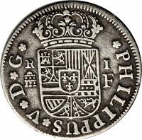 obverse of 1 Real - Felipe V (1717 - 1729) coin with KM# 299 from Spain. Inscription: PHILIPPUS · V · D · G · R 1