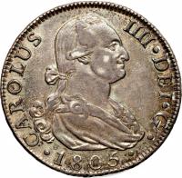 obverse of 8 Reales - Carlos IV (1788 - 1808) coin with KM# 432 from Spain.