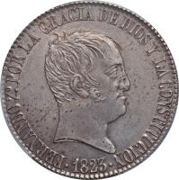 obverse of 20 Reales - Fernando VII (1822 - 1823) coin with KM# 563 from Spain. Inscription: FERNANDO 7° POR LA GRACIA DE DIOS Y LA CONSTITUCION .1823.