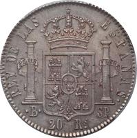 reverse of 20 Reales - Fernando VII (1822 - 1823) coin with KM# 563 from Spain. Inscription: REY DE LAS / ESPANAS. 20 RS.