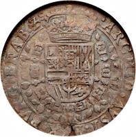 reverse of 1/2 Patagon - Felipe IV (1622 - 1656) coin with KM# 46 from Spanish Netherlands. Inscription: · ARCHID · AVST · DVX · BVRG · BRAB · Z ·