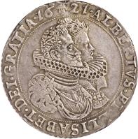 obverse of 1 Ducaton - Alberto & Isabella (1618 - 1621) coin with KM# 49 from Spanish Netherlands. Inscription: · 16 21 · ALBERTVS · ET · ELISABET · DEI · GRATIA