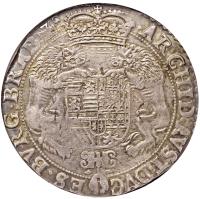 reverse of 1 Ducaton - Alberto & Isabella (1618 - 1621) coin with KM# 49 from Spanish Netherlands. Inscription: · ARCHID · AVST · DVC ES · BVRG · BRAB · Z.ᶜ