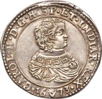 obverse of 1 Ducaton - Carlos II (1665 - 1680) coin with KM# 79 from Spanish Netherlands. Inscription: CAROL · II · D · G · HIPS · ET · INDIAR · REX · 16 73 ·