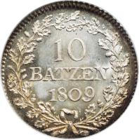 reverse of 10 Batzen (1808 - 1818) coin with KM# 14 from Swiss cantons. Inscription: 10 BATZEN 1809