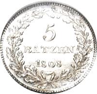 reverse of 5 Batzen (1808 - 1811) coin with KM# 13 from Swiss cantons. Inscription: 5 BATZEN 1808