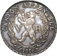 obverse of 4 Franken (1812) coin with KM# 12 from Swiss cantons. Inscription: CANTON APPENZELL V R 1816.