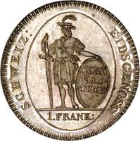 reverse of 1 Frank (1811) coin with KM# 174 from Swiss cantons. Inscription: SCHWEIZ: EIDSGENOSS: XIX CAN- TONE 1 FRANK: