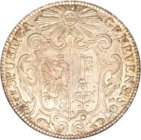 obverse of 1 Thaler (1722 - 1723) coin with KM# 69 from Swiss cantons. Inscription: IHS RESPLUBICA	GENEVENSIS