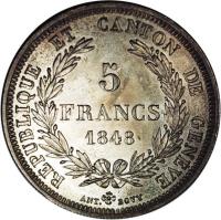 reverse of 5 Francs (1848) coin with KM# 137 from Swiss cantons. Inscription: REPUBLIQUE ET CANTON DE GENEVE 5 FRANCS 1848 ANT. BOVY