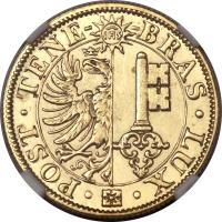 obverse of 20 Francs (1848) coin with KM# 140 from Swiss cantons. Inscription: · POST · TENE- -BRAS · LUX · IHS