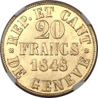 reverse of 20 Francs (1848) coin with KM# 140 from Swiss cantons. Inscription: REP · ET CANT 20 FRANCS 1848 DE GENEVE