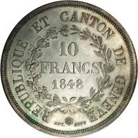 reverse of 10 Francs (1848 - 1851) coin with KM# 138 from Swiss cantons. Inscription: REPUBLIQUE ET CANTON DE GENEVE 10 FRANCS 1848 ANT. BOVY