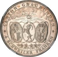 obverse of 4 Franks - Shooting Festival (1842) coin with KM# 17 from Swiss cantons. Inscription: CANTON GRAUBÜNDEN 4 SCHWEIZER FRANKEN