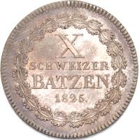 reverse of 10 Schweizer Batzen (1825) coin with KM# 12 from Swiss cantons. Inscription: X. SCHWEIZER BATZEN 1825.