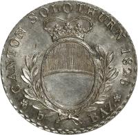 obverse of 5 Batzen (1826) coin with KM# 83 from Swiss cantons. Inscription: CANTON SOLOTHURN 1826 * 5	BAZ*